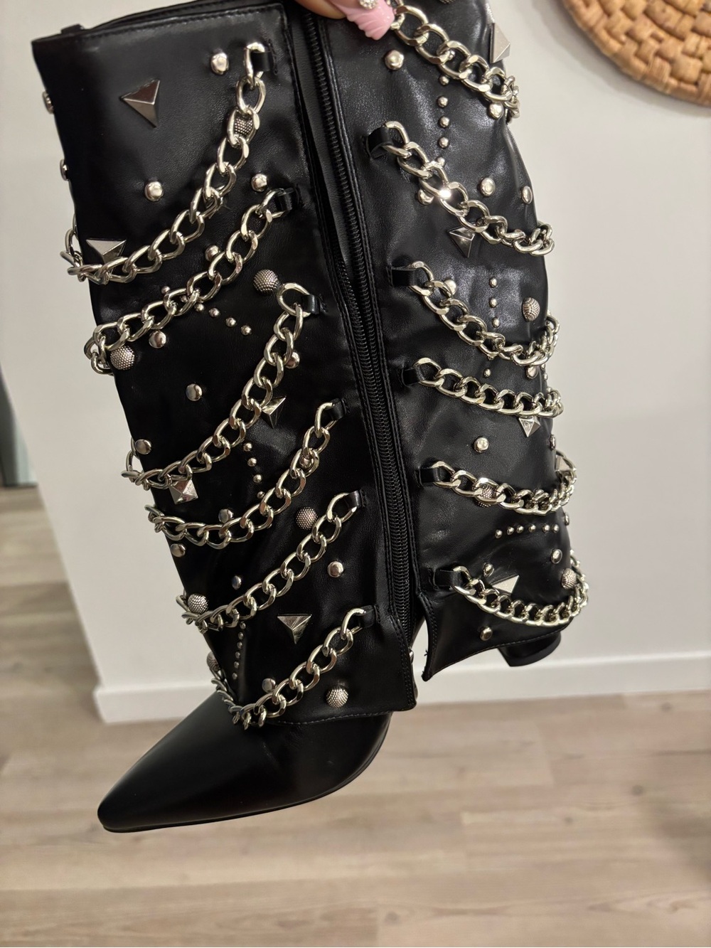 Black Studded Chain-Embellished Leather Boot - Picture 2 of 4